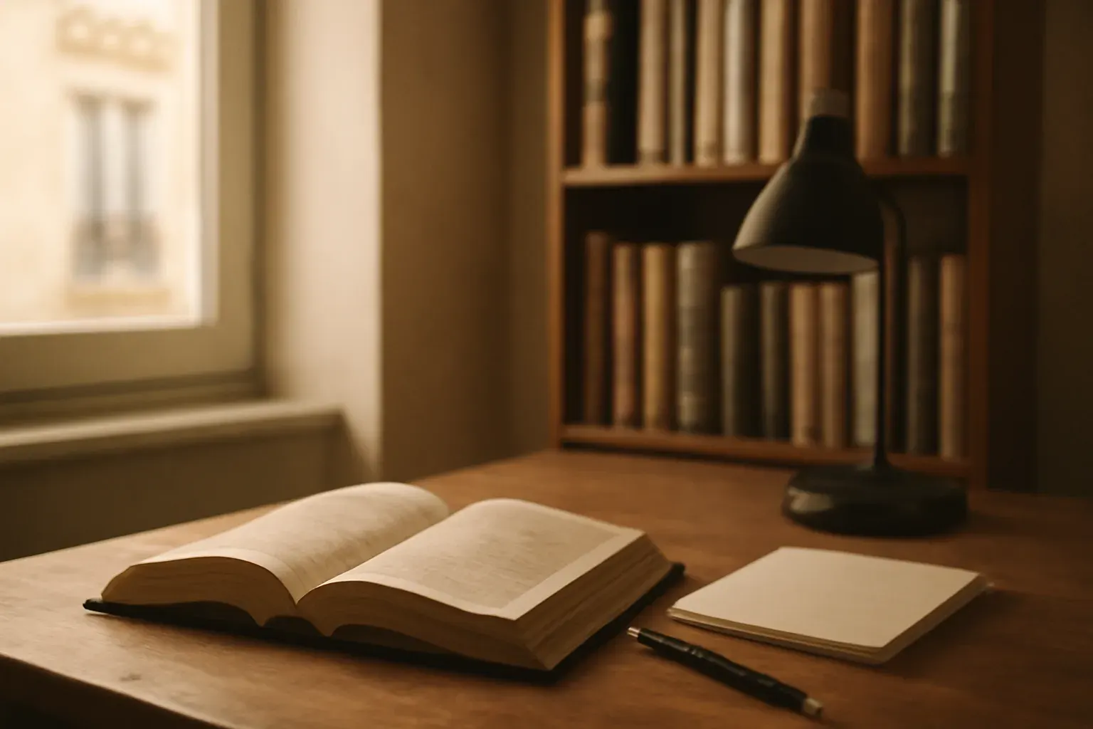 The Madrid workspace: a desk with reference dictionaries in warm window light.