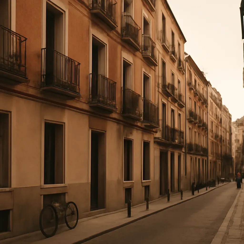 A quiet street view of the Arganzuela neighbourhood in Madrid.