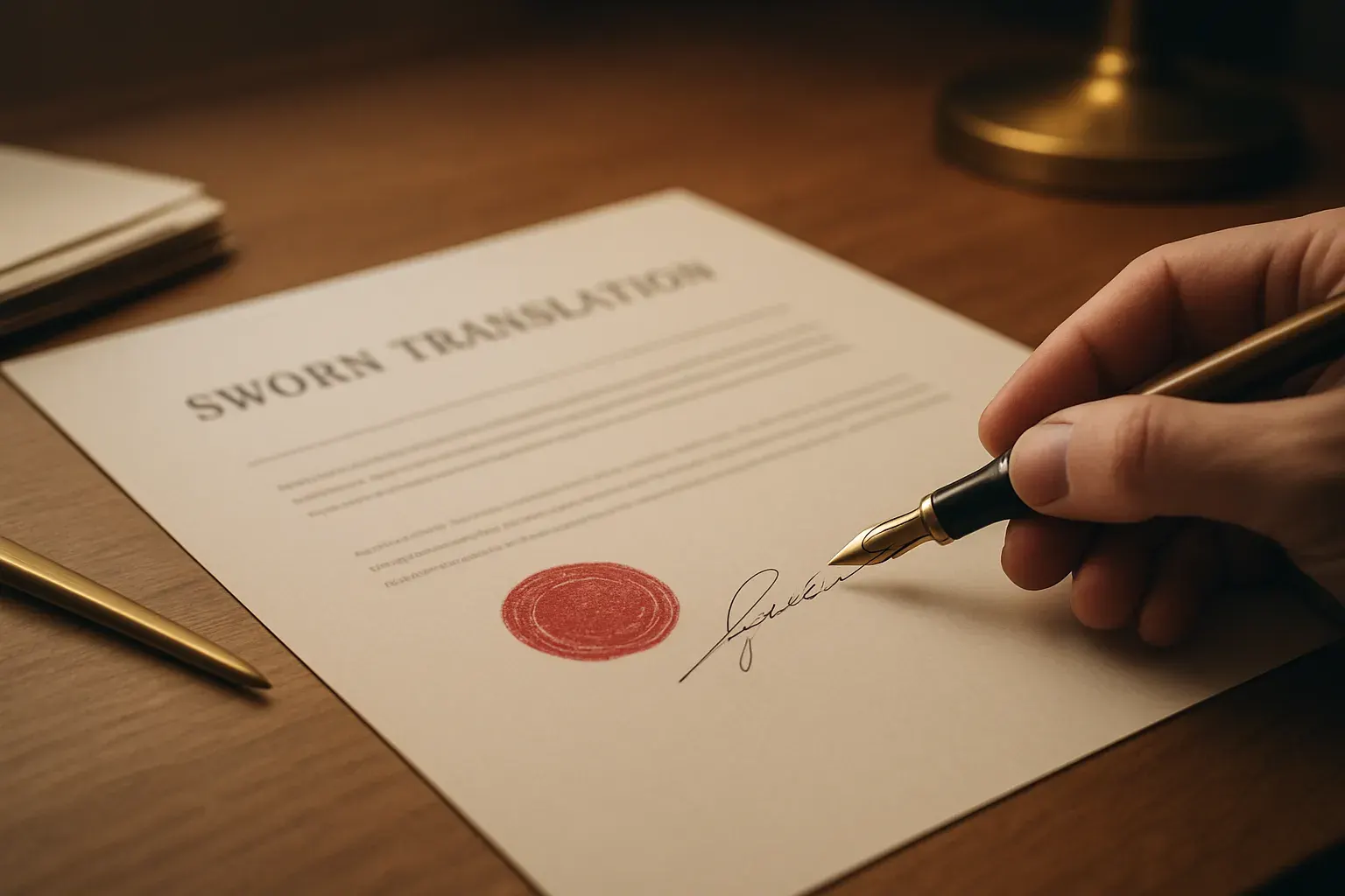 A freshly signed and stamped sworn translation on a desk, with a fountain pen beside it.