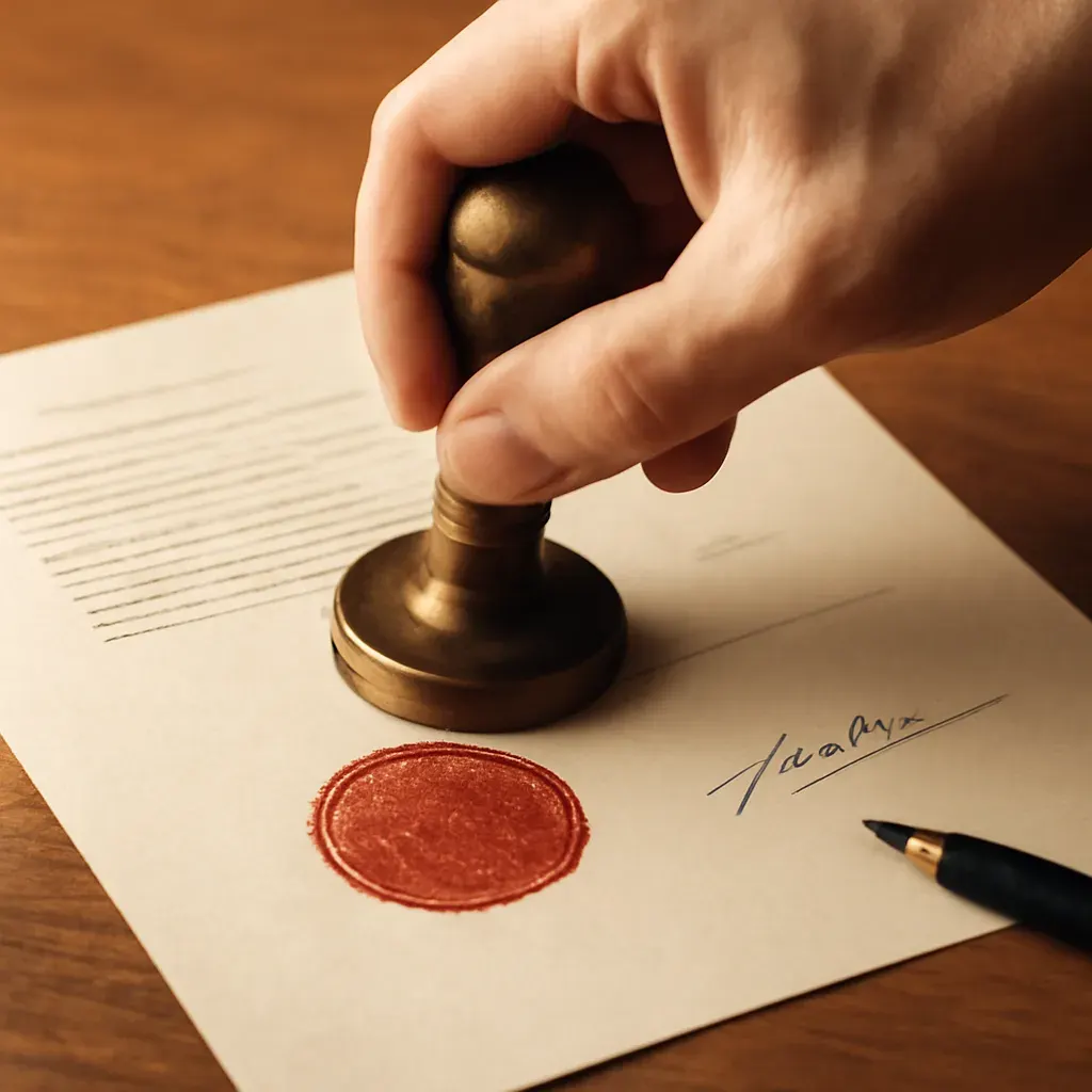 Hands applying an official stamp to a signed certified page.
