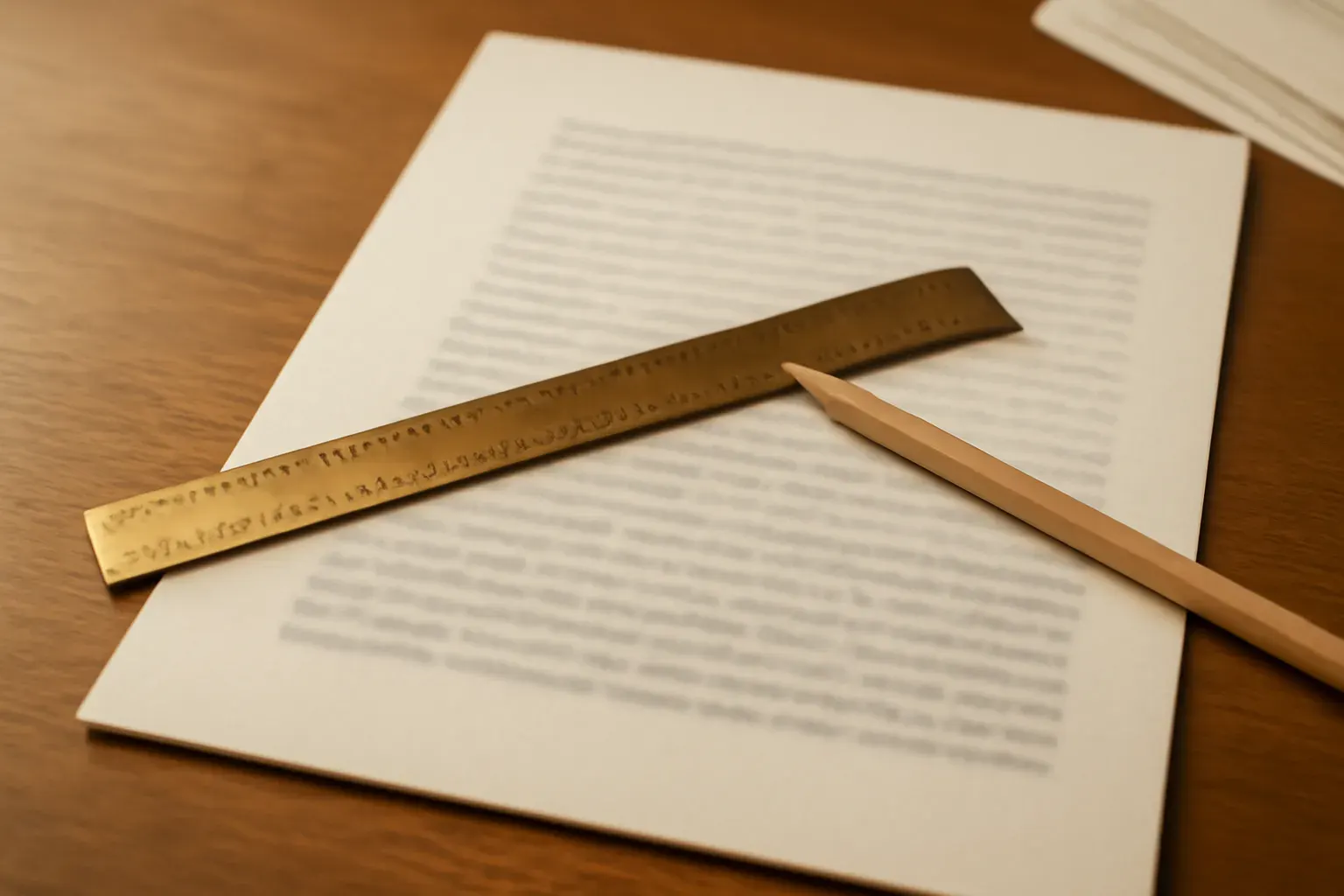A document page with a ruler laid across it, suggesting word-count measurement.