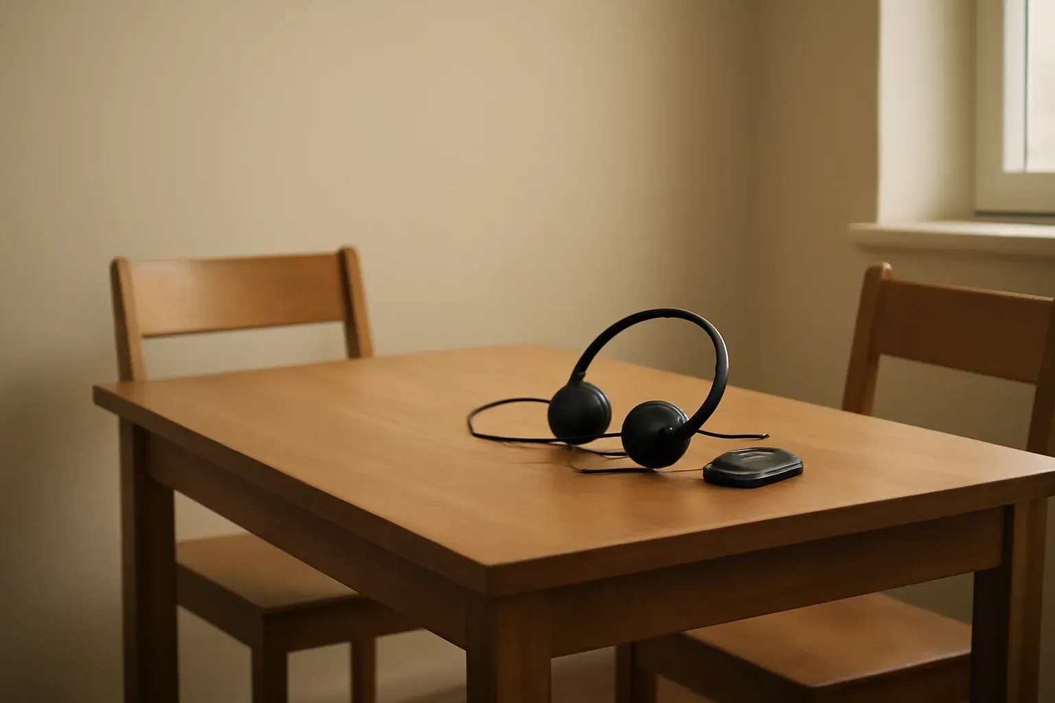Two chairs at a notarial table, with a headset for remote interpreting.