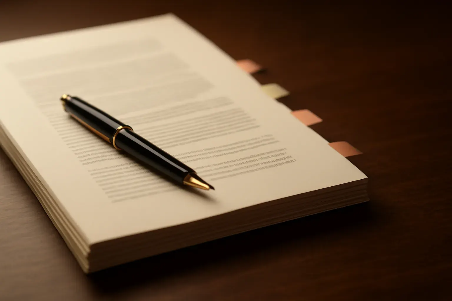 Contract pages with tabbed markers and a fountain pen.